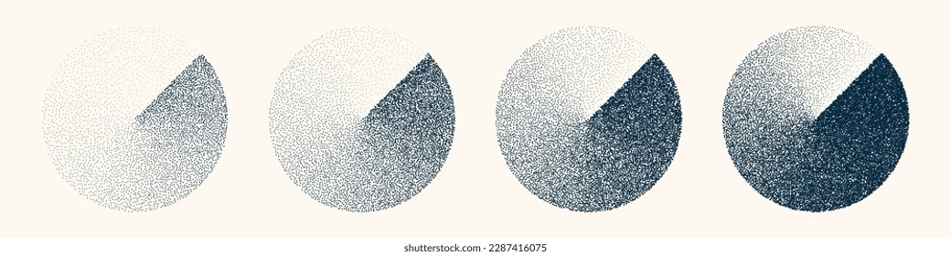 Runde gepunktete Objekte, Vintage-Stippelelemente. Abblindender Farbverlauf. Pflügen, Zeichnen, Schatten mit Punkten. Zerfallseffekt der Halftone. Weiße Rauschstruktur graue Textur. Vektorgrafik