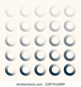 Round shaped dotted objects, vintage stipple elements. Fading gradient. Stippling, dotwork drawing, shading using dots. Halftone disintegration effect. White noise grainy texture. Vector illustration