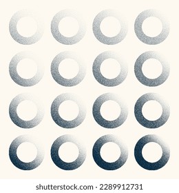 Objetos punteados redondeados, elementos de un pezón vintage. Degradado atenuado. Estipamiento, dibujo de puntos, sombreado con puntos. Efecto de desintegración de semitono. Textura granulada de ruido blanco. Ilustración del vector