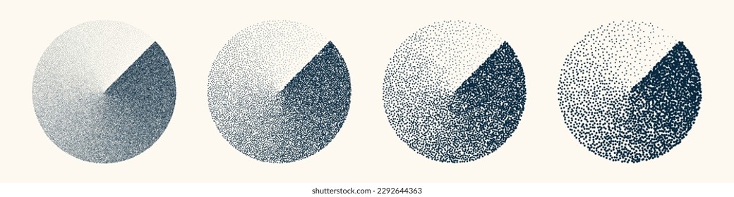 Objetos punteados redondeados, elementos de un pezón vintage. Degradado atenuado. Estipamiento, dibujo de puntos, sombreado con puntos. Efecto de desintegración de semitono. Textura granulada de ruido blanco. Ilustración del vector