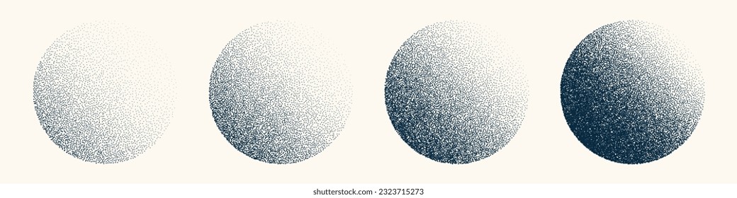 Round shaped dotted objects, vintage stipple elements. Fading gradient. Stippling, dotwork drawing, shading using dots. Halftone disintegration effect. White noise grainy texture. Vector illustration