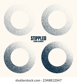 Round shaped dotted objects, vintage stipple elements. Fading gradient. Stippling, dotwork drawing, shading using dots. Halftone disintegration effect. White noise grainy texture. Vector illustration