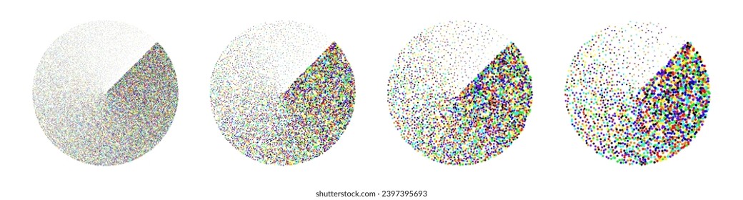 Round shaped dotted objects, vintage stipple elements. Fading gradient. Stippling, dotwork drawing, shading using dots. Colored disintegration effect. Noise grainy texture. Vector illustration