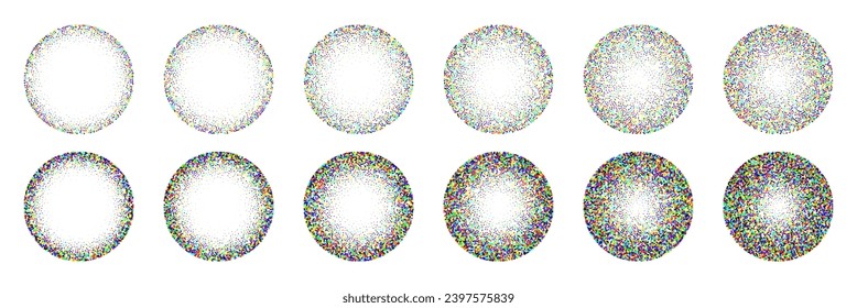Round shaped dotted objects, vintage stipple elements. Fading gradient. Stippling, dotwork drawing, shading using dots. Colored disintegration effect. Noise grainy texture. Vector illustration