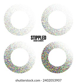 Round shaped dotted objects, vintage stipple elements. Fading gradient. Stippling, dotwork drawing, shading using dots. Colored disintegration effect. Noise grainy texture. Vector illustration