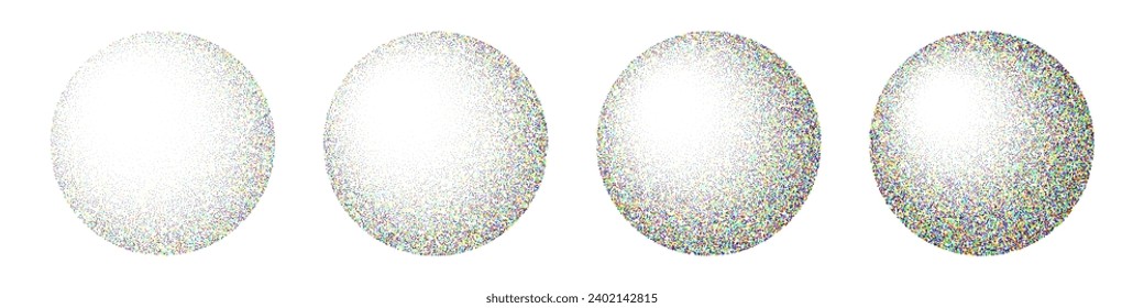 Round shaped dotted objects, vintage stipple elements. Fading gradient. Stippling, dotwork drawing, shading using dots. Colored disintegration effect. Noise grainy texture. Vector illustration
