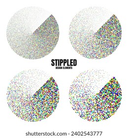 Round shaped dotted objects, vintage stipple elements. Fading gradient. Stippling, dotwork drawing, shading using dots. Colored disintegration effect. Noise grainy texture. Vector illustration