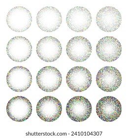 Round shaped dotted objects, vintage stipple elements. Fading gradient. Stippling, dotwork drawing, shading using dots. Colored disintegration effect. Noise grainy texture. Vector illustration