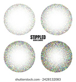 Round shaped dotted objects, vintage stipple elements. Fading gradient. Stippling, dotwork drawing, shading using dots. Colored disintegration effect. Noise grainy texture. Vector illustration