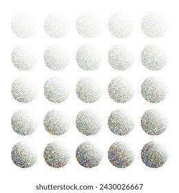 Objetos punteados de forma redonda, elementos punteados vintage. Degradado de desvanecimiento. Punteado, dibujo de puntos, sombreado con puntos. Efecto de desintegración de color. Textura granulada ruidosa. Ilustración de vector