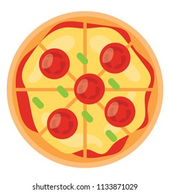 A round shaped dough bread having different toppings characterizing pizza , an italian cuisine 