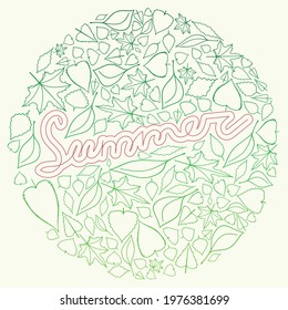 Round shaped elegant summer concept with mix of hand drawn outline leaves colored in gradient from dark to light green on a beige background. Pattern can be used for cards, covers, prints. Vector.