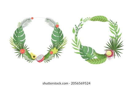 Round Shaped Frame with Green Tropical Leaves and Jungle Foliage Vector Set