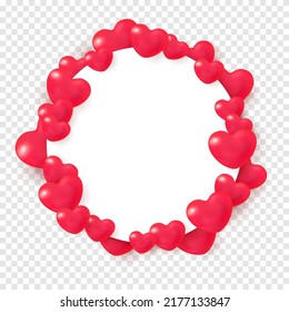 Marco redondo en forma de corazón rojo brillante. Banner en blanco decorado con corazones realistas y lugar para el texto. Ilustración vectorial de diseño de eventos románticos sobre fondo transparente