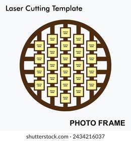 Round shaped modern design Laser cut photo frame with 24 Square photos. Creative and beautiful frame suitable for Home and Room Decor. Laser cut photo frame template for mdf and acrylic cutting.