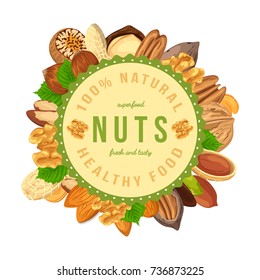 Round shaped poster or badge, sign or banner with seeds and nuts like pistachio and hazel, cashew and pecan, almond. Farming and agriculture, healthy nutrition and food, vegetarian and nature theme
