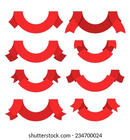 Round shaped red ribbons set. Vector illustration isolated on white.