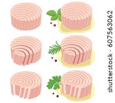 Round shaped tuna fillets. Vector illustration of canned tuna fillets with no gradients and mesh effects. Finely crafted shapes. Easy to use with or without decoration & sauce.