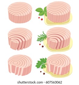 Round shaped tuna fillets. Vector illustration of canned tuna fillets with no gradients and mesh effects. Finely crafted shapes. Easy to use with or without decoration & sauce.