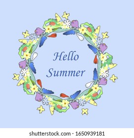 A round shaped wreath with tree leaves and flowers growing in the summer
