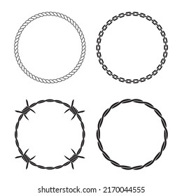 Round shapes, borders, frames. Chain, barbed wire, rope. Vector illustration.