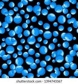 Round shapes drops of water. Modern water bubbles seamless pattern on a black background. Abstract geometrical circle wallpaper. Underwater backdrop. Vector illustration