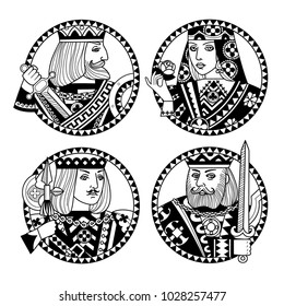 Round shapes with faces of playing cards characters in black and white colors. Original vintage design for 
coloring book. Vector illustration