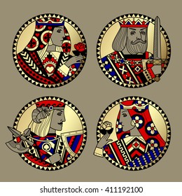 Round shapes with faces of playing cards characters. Original vintage design in gold, red, blue and black colors. Vector illustration