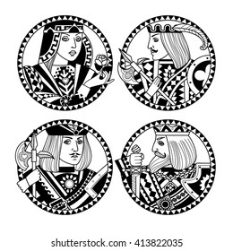 Round shapes with faces of playing cards characters in black and white colors. Original vintage design for 
coloring book. Vector illustration