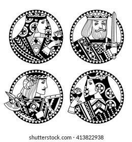 Round shapes with faces of playing cards characters in black and white colors. Original vintage design for 
coloring book. Vector illustration