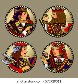 Round shapes with faces of playing cards characters. Original vintage design in gold, red, blue and black colors. Vector illustration