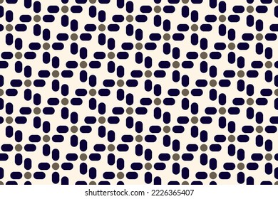 Round shapes geometric pattern checked grid background abstract diamond motif minimalist classic ornament graphic fabric style. Casual repeating textile design template, black blue, white, gold colors