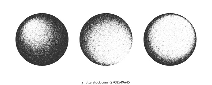Round shapes with grain or noise texture isolated in white background. Balls silhouettes with different light and shadow drawings. Circular forms with gradient effect. Vector graphic illustration.