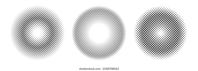 Round Shapes with Halftone Effect. Abstract dotted Gradient circles set. Pop art comic dots Texture. Black and white Monochrome Design element