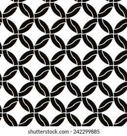 Round shapes lattice seamless pattern, black and white vector background.