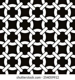Round shapes lattice seamless pattern, black and white vector background.