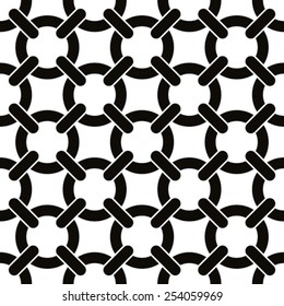 Round shapes netting seamless pattern, black and white vector background.