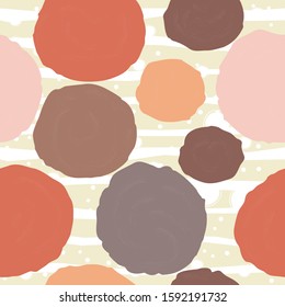 Round shapes on stripped background in pink. Cute Seamless Scandinavian Terracotta Pattern in modern colours. Round shapes Modern abstract art for prints.  Nordic Design. 