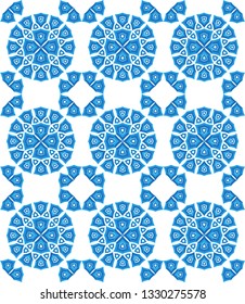 Round shapes pattern. Beautiful blue oriental ornaments on white background. Abstract art. Design for print on pillow, tiles, bandana, textile, carpet. Vector illustration. Luxury asian background.