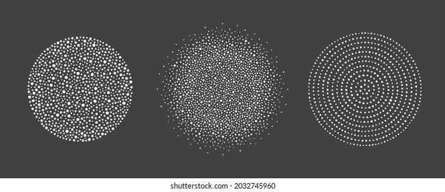 Round shapes, snow circles set. Sphere made of uneven dots of various size, snowflakes, blobs, spots, pearls, beads. New Year, Christmas frame template, design element. Winter backgrounds collection.