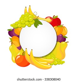 Round sheet of paper with the shadow (place for text) with fresh, colorful fruit in the background.It can be used as a banner or flyer or sticker on the theme of fruit.