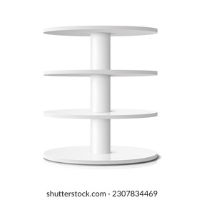 Round shelf, shop display stand or rack showcase. Isolated 3d vector pos rotating display for product presentation realistic mockup. Supermarket white store shelving model for production merchandising