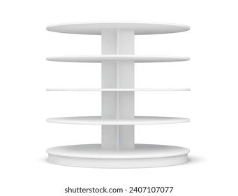 Round shelf, shop display stand, rack showcase for production. Isolated realistic 3d vector shelving model mockup. White supermarket, store or exhibition pos rotating display for products presentation