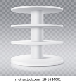 Round shelf, vector shop display stand or production rack showcase, isolated realistic 3d mockup. Supermarket white round stand or store POS rotating display for products presentation, shelving model