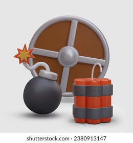Blindaje redondo, balón de cañón con cordón quemante, palos rojos de dinamita. Concepto vectorial de ataque y defensa. Ilustración de juego online, sitio web, aplicación