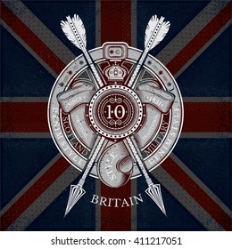 Round Shield And Cross Arrows With Ribbons Into Round Belt Frame. Military Heraldic Label on Britain Flag Background. Brand or T-shirt style