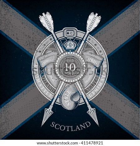 Round Shield And Cross Arrows With Ribbons Into Round Belt Frame. Military Heraldic Label on Scotland Flag Background. Brand or T-shirt style