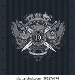 Round Shield And Cross Swords With Flags and Lion. Military Heraldic Label On Blackboard