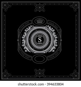 Round shield with floral wreath monogram template for letter S. Elegant line ornament frame. White on black