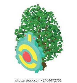 Round shield icon isometric vector. Round metal shield on green tree background. Protection concept, historical period